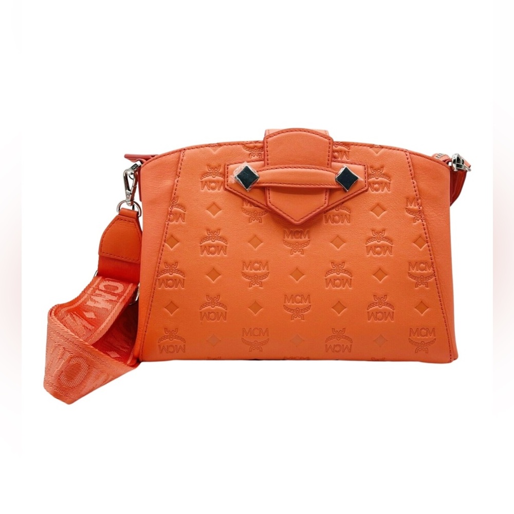 MCM Essentials Hot Coral Monogram Leather Crossbody